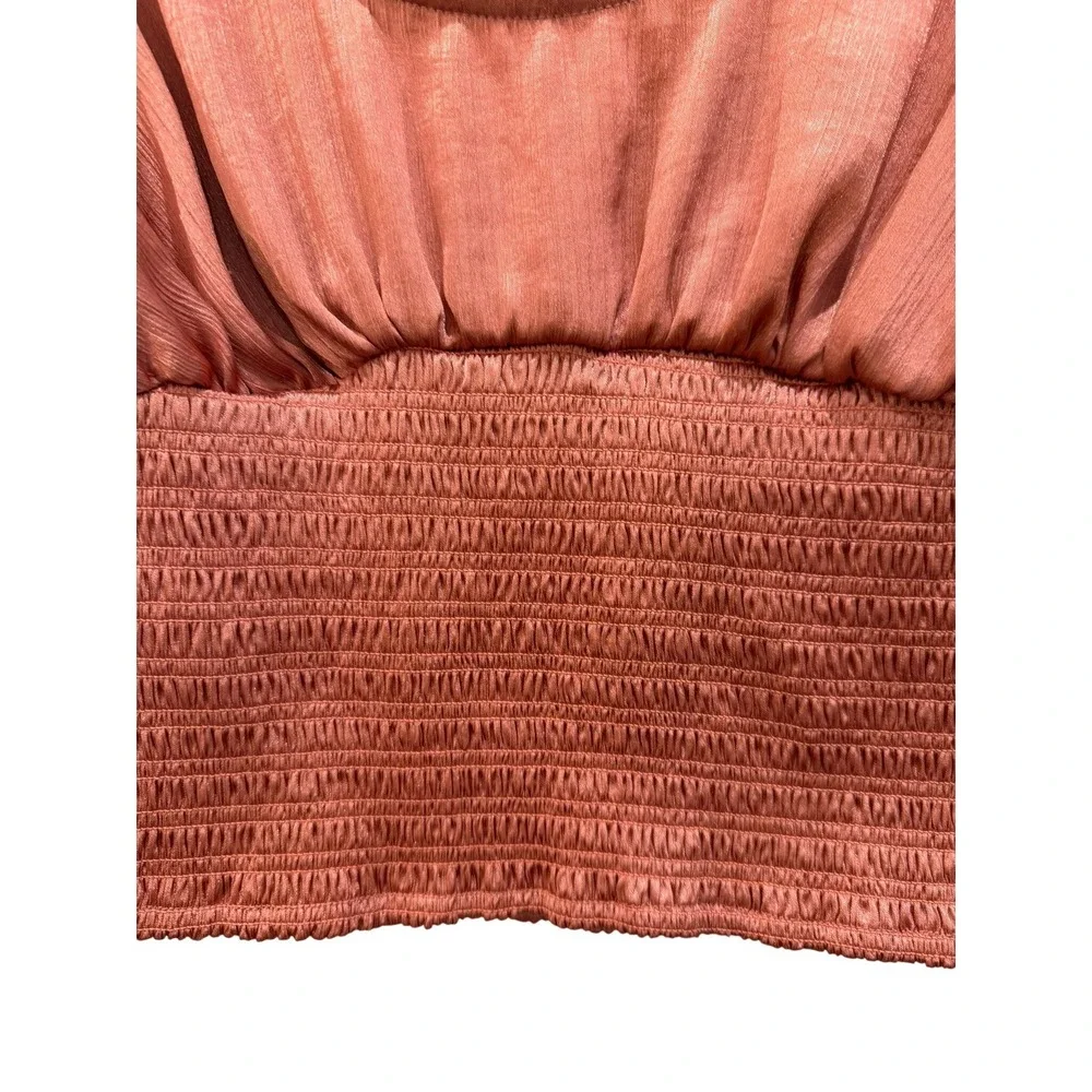 Free People Womens Smocked Waist Shimmer Crop Top Rust Orange Long Sleeve Size M